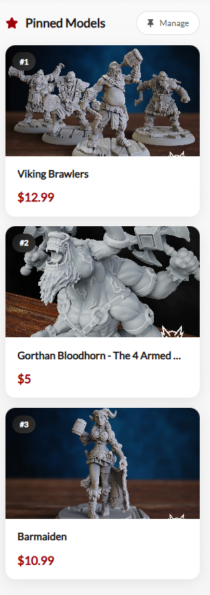 Minarium Creator Hub Featured Models section showing three pinned 3D print models